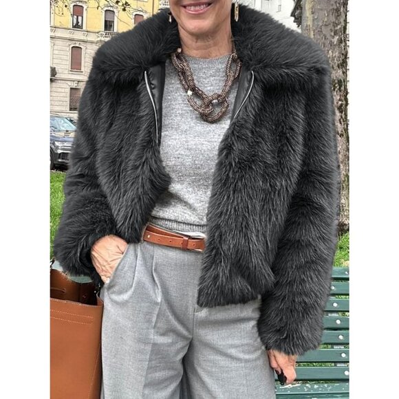Women's Cropped Faux Fur Jacket Shaggy Lapel Zip Up Winter Coats Fuzzy Grey - Picture 4 of 6